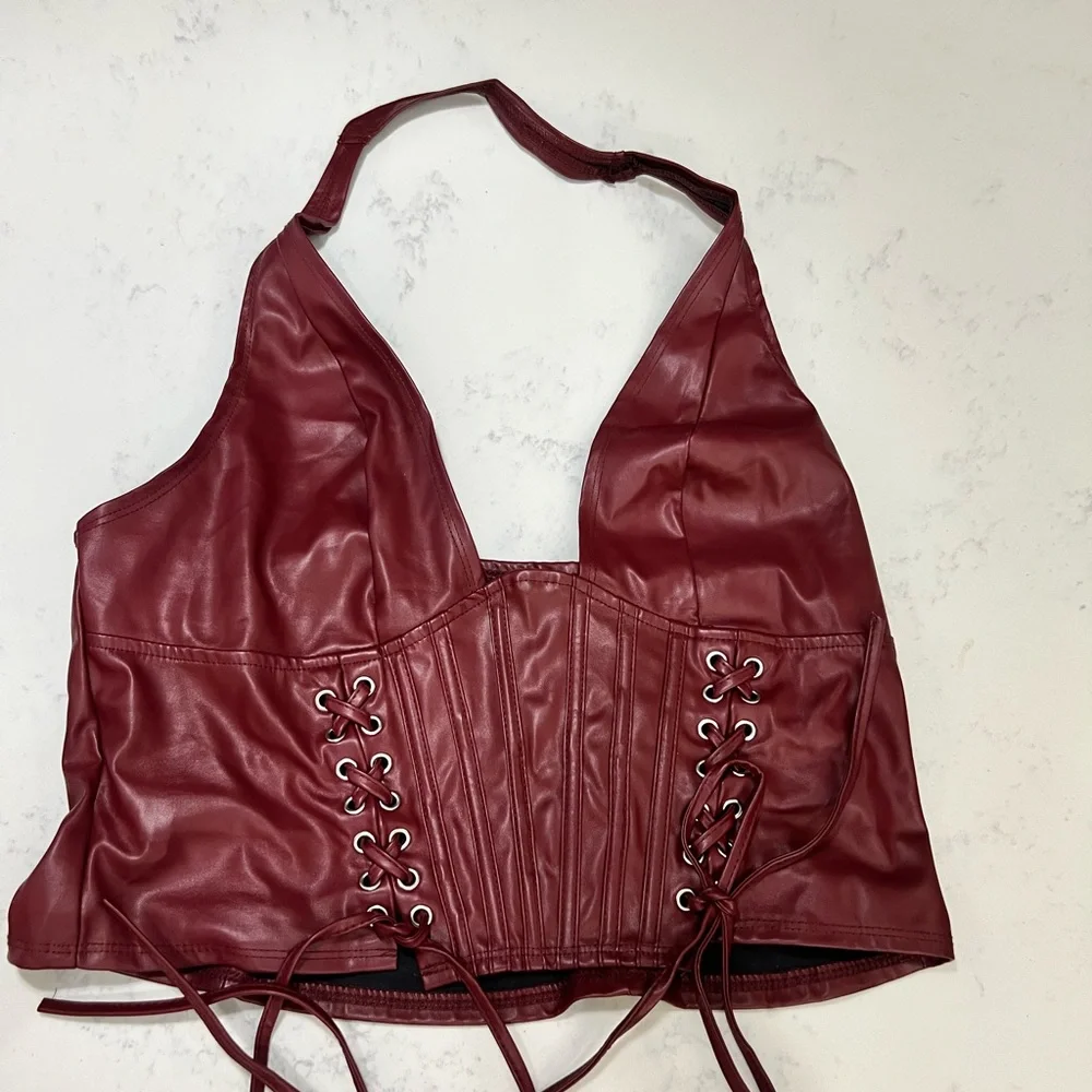 SHEIN Burgundy Lace-Up Corset Top - Picture 7 of 11
